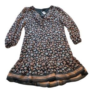 Club Monaco Floral Print Long Sleeve Ruffle Mini Dress Black Pink‎ Size 4